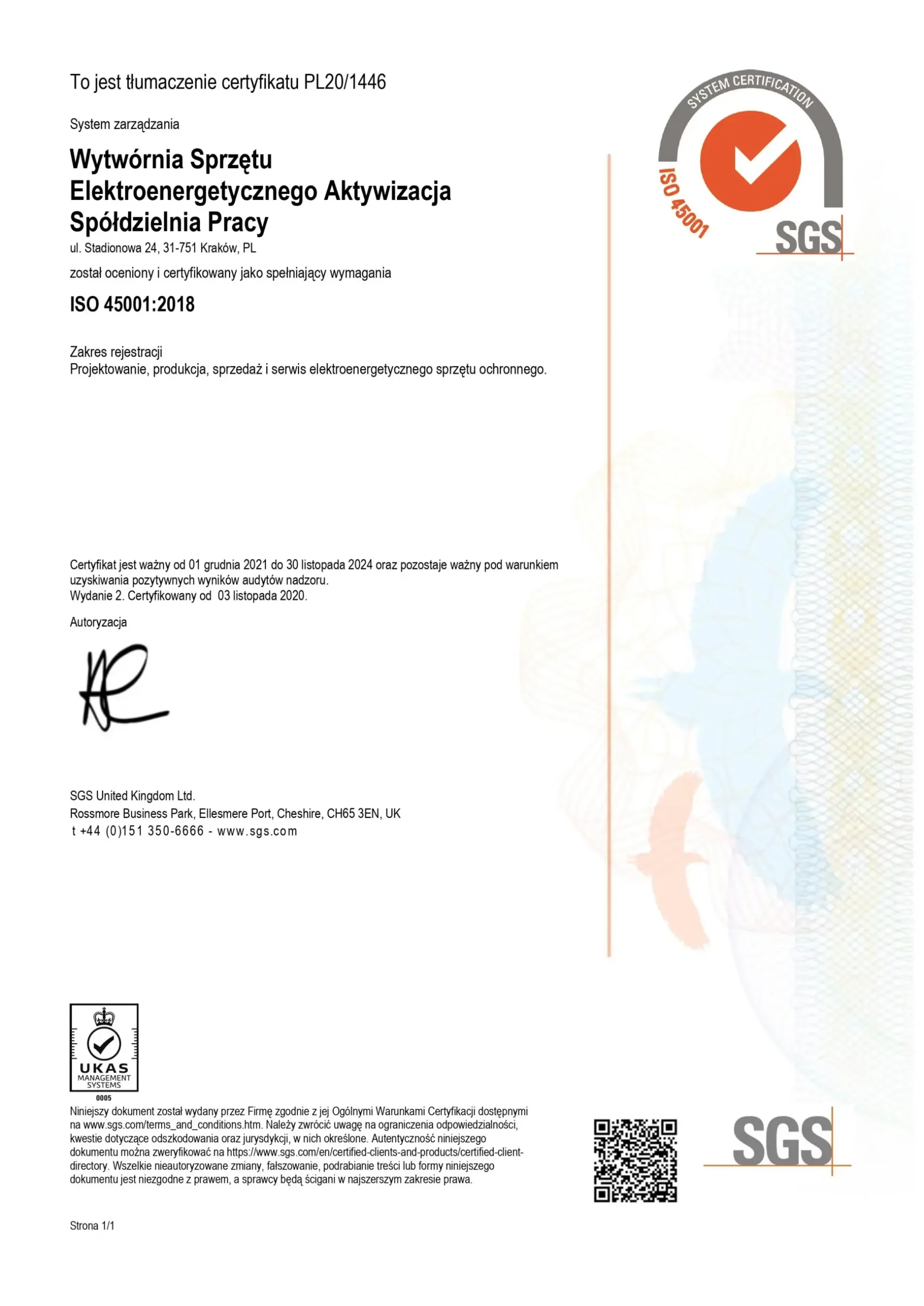 WSE Aktywizacja 45001 pl certificate 2021